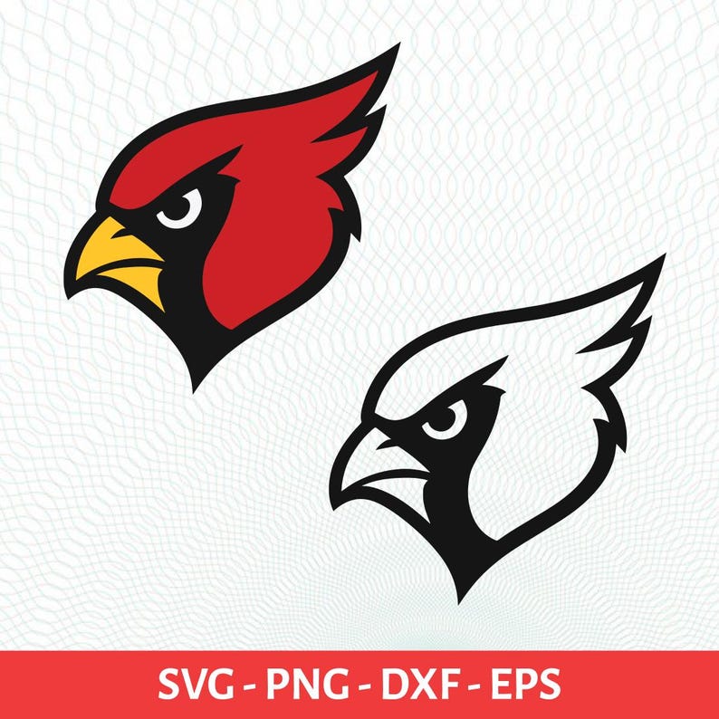 May include: Two cardinal bird head designs. One is red, black, and yellow, the other is black and white. The image includes the text "SVG - PNG - DXF - EPS" in a red banner at the bottom. The birds have a stern expression.