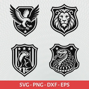May include: Four black and white shield designs featuring an eagle, lion, badger, and snake. Each design is enclosed in a shield shape with a decorative border. The bottom of the image displays the text "SVG - PNG - DXF - EPS."