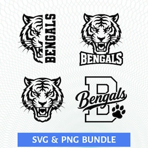 May include: A collection of four black and white tiger-themed graphic designs. The images feature tiger heads and the text BENGALS in various fonts, including a large letter B with a paw print and the word Bengals in a script font style.