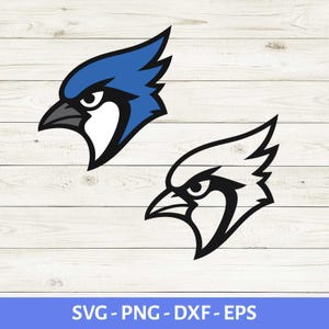 Puede incluir: Dos diseños estilizados de cabeza de arrendajo azul. Uno es azul, negro y blanco, el otro es blanco y negro. Los diseños están sobre un fondo blanco con vetas de madera. El texto "SVG - PNG - DXF - EPS" está en la parte inferior.