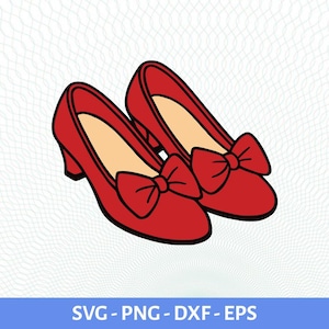May include: A pair of red high-heeled shoes with bows on the toes. The shoes have a light tan interior and a black outline. The image includes the text "SVG - PNG - DXF - EPS" in a blue rectangle.