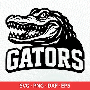 May include: A monochrome graphic featuring an alligator head with open jaws, above the word "GATORS" in bold, block letters. This vector design is suitable for various applications.