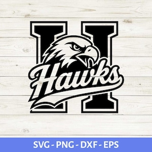 Puede incluir: Un diseño gráfico en blanco y negro que presenta una letra H mayúscula grande con el perfil de una cabeza de águila estilizada integrado en el centro. La palabra Hawks está escrita en cursiva negrita sobre el centro del diseño de la H.