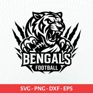May include: Black and white Bengals football logo featuring a snarling tiger holding a football with its claws. The word "BENGALS" is above "FOOTBALL" in a stylized font. The image includes the text "SVG - PNG - DXF - EPS".