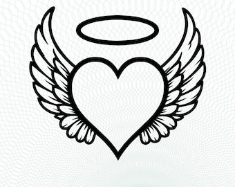 Angel Wings Heart SVG, Heart PNG, Memorial Heart wings Cut File DXF, Winged Heart Cricut Design, Wings Clipart Download, angel wings svg