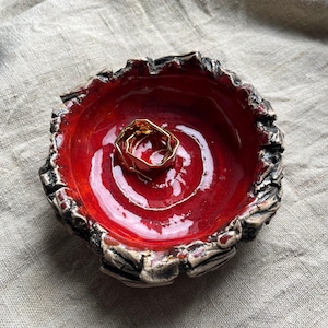 Red Lava Ceramic Ring Dish, Handmade Jewelry Holder with Rocky Edge, Scarlet Swirl Pottery