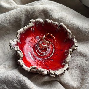 Red Ember Ceramic Ring Dish, Scarlet Glaze with Ash Edge, Handmade Wheel-Thrown Pottery