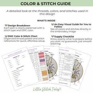 Peut inclure: Un guide de couleurs et de points de broderie avec des titres, des puces en forme de c&oelig;ur et quatre pages superpos&eacute;es pr&eacute;sentant une liste de fournitures, une palette de fils DMC et des sch&eacute;mas visuels de points de broderie floraux.
