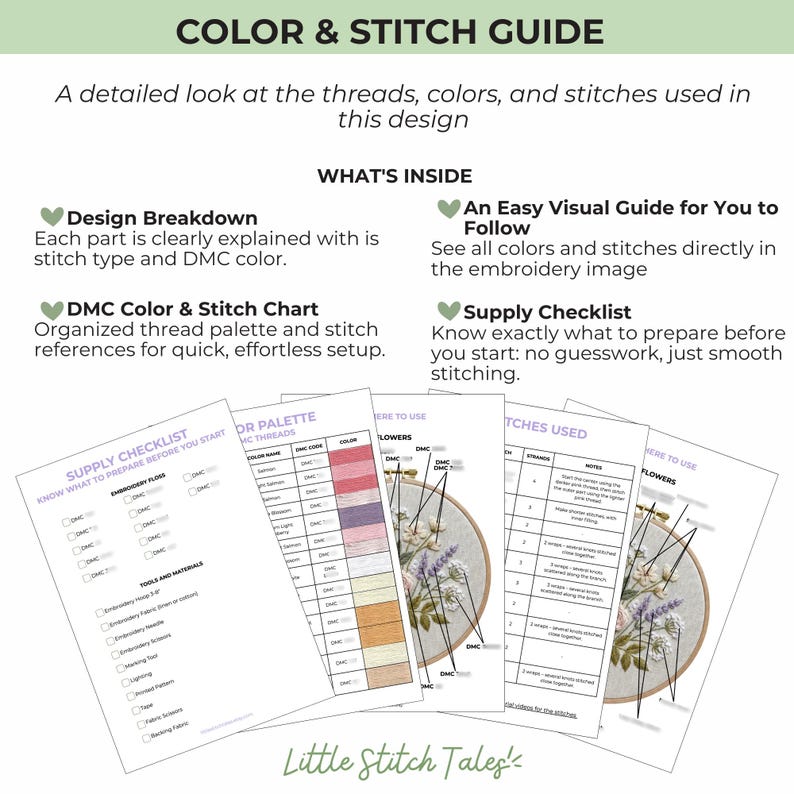 Peut inclure: Un guide de couleurs et de points de broderie avec des titres, des puces en forme de c&oelig;ur et quatre pages superpos&eacute;es pr&eacute;sentant une liste de fournitures, une palette de fils DMC et des sch&eacute;mas visuels de points de broderie floraux.