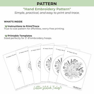 Peut inclure: Un mod&egrave;le de broderie &agrave; la main avec des motifs floraux. Le texte indique : PATTERN, Hand Embroidery Pattern, Simple, practical, and easy to print and trace, WHAT'S INSIDE, Instructions to Print/Trace, Printable Templates, 7,5 cm-20 cm.