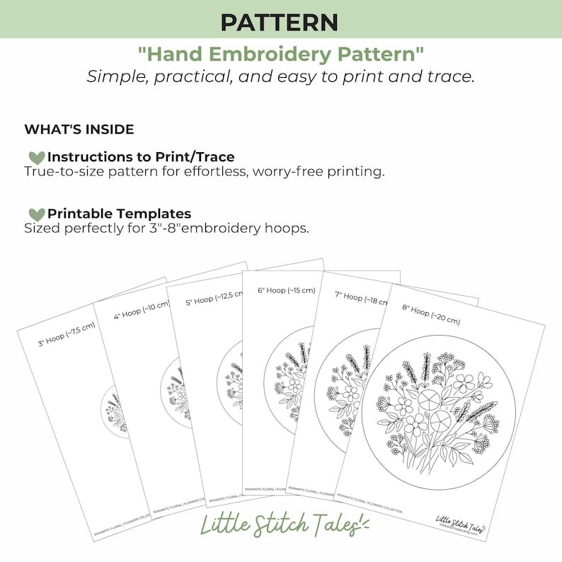 Peut inclure: Un mod&egrave;le de broderie &agrave; la main avec des motifs floraux. Le texte indique : PATTERN, Hand Embroidery Pattern, Simple, practical, and easy to print and trace, WHAT'S INSIDE, Instructions to Print/Trace, Printable Templates, 7,5 cm-20 cm.