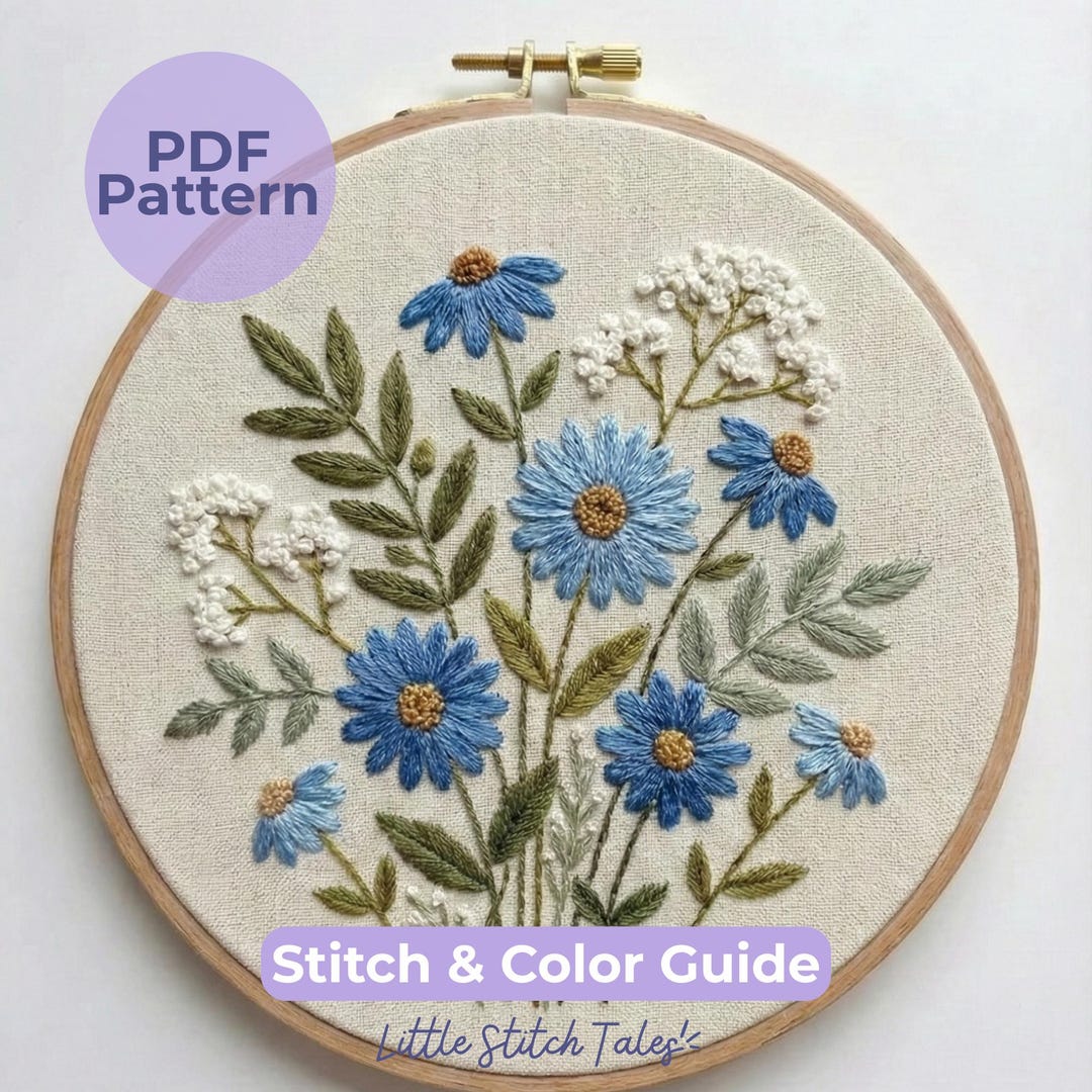 Blue Floral Embroidery Pattern (PDF) – Botanical Wildflower Hoop Design ...