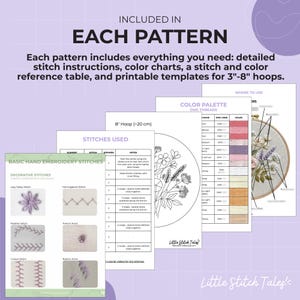 Peut inclure: Une fiche d'information num&eacute;rique intitul&eacute;e INCLUDED IN EACH PATTERN, d&eacute;taillant des ressources de broderie incluant des instructions de points, des nuanciers, un tableau de r&eacute;f&eacute;rence et des mod&egrave;les imprimables pour des cerceaux de 7,6 &agrave; 20,3 cm.