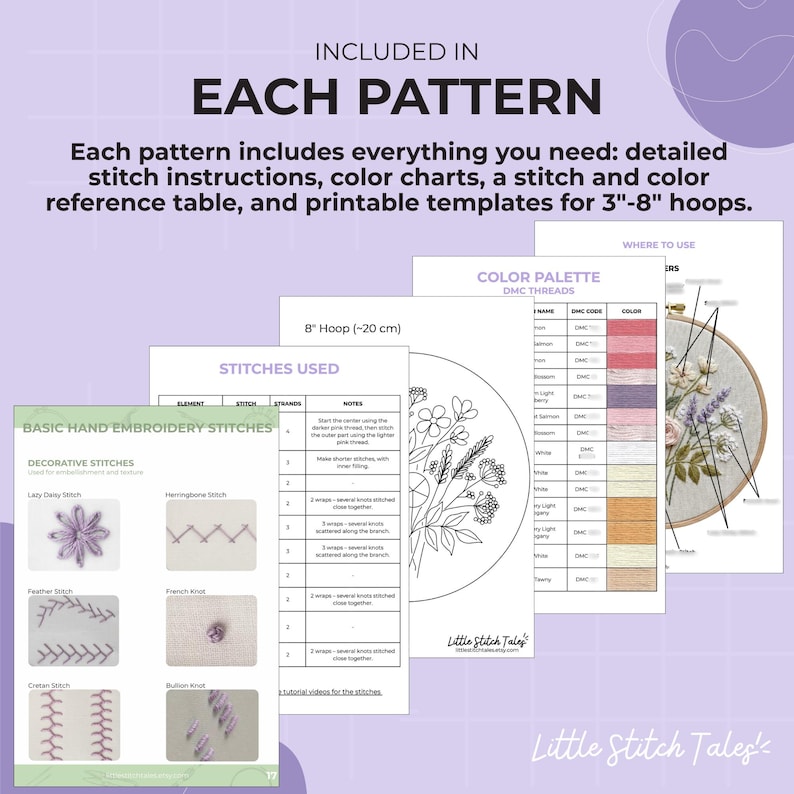 Peut inclure: Une fiche d'information num&eacute;rique intitul&eacute;e INCLUDED IN EACH PATTERN, d&eacute;taillant des ressources de broderie incluant des instructions de points, des nuanciers, un tableau de r&eacute;f&eacute;rence et des mod&egrave;les imprimables pour des cerceaux de 7,6 &agrave; 20,3 cm.