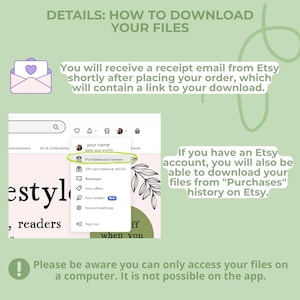 Peut inclure: Un graphique explicatif sur fond vert clair d&eacute;taillant comment t&eacute;l&eacute;charger des fichiers Etsy. Il comprend une ic&ocirc;ne d'enveloppe, une capture d'&eacute;cran du menu de compte Etsy avec Purchases and reviews surlign&eacute;, et des instructions textuelles.