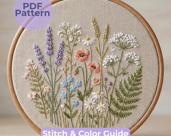 Motif de broderie Prairie de fleurs sauvages (PDF) – Motif floral botanique sur tambour