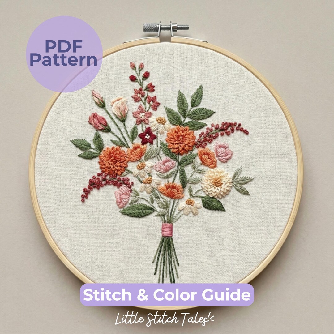 Terracotta & Wildflower Bouquet Hand Embroidery Pattern PDF – Floral ...