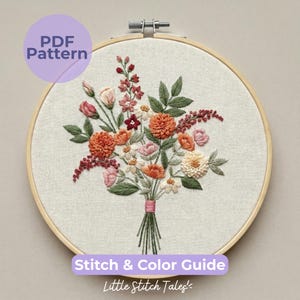 Patrón de bordado a mano de ramo de terracota y flores silvestres (PDF) – Diseño de aro de cinta floral