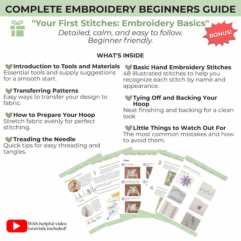 Peut inclure: Un guide num&eacute;rique intitul&eacute; Complete Embroidery Beginners Guide, Your First Stitches: Embroidery Basics. Il comprend des sections sur les outils, les motifs, la pr&eacute;paration du tambour, l'enfilage, les points, les finitions, des vid&eacute;os et un bonus.