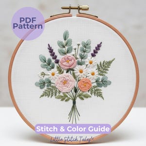 Patrón de bordado a mano de ramo floral en tonos rosa pálido y salvia (PDF) - Diseño de prado de flores silvestres, apto para principiantes