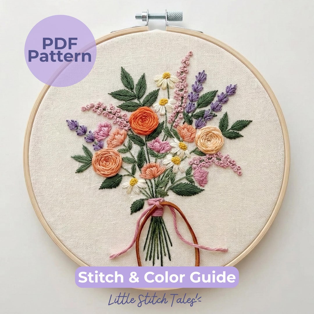 Vibrant Wildflower Bouquet Hand Embroidery Pattern PDF - Floral Hoop ...