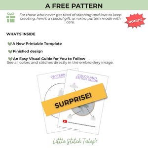 Peut inclure: Un document num&eacute;rique intitul&eacute; A FREE PATTERN comprenant un mod&egrave;le imprimable, un design fini et un guide des couleurs et des points. Le texte inclut WHAT'S INSIDE, A New Printable Template, Finished design, An Easy Visual Guide et SURPRISE!
