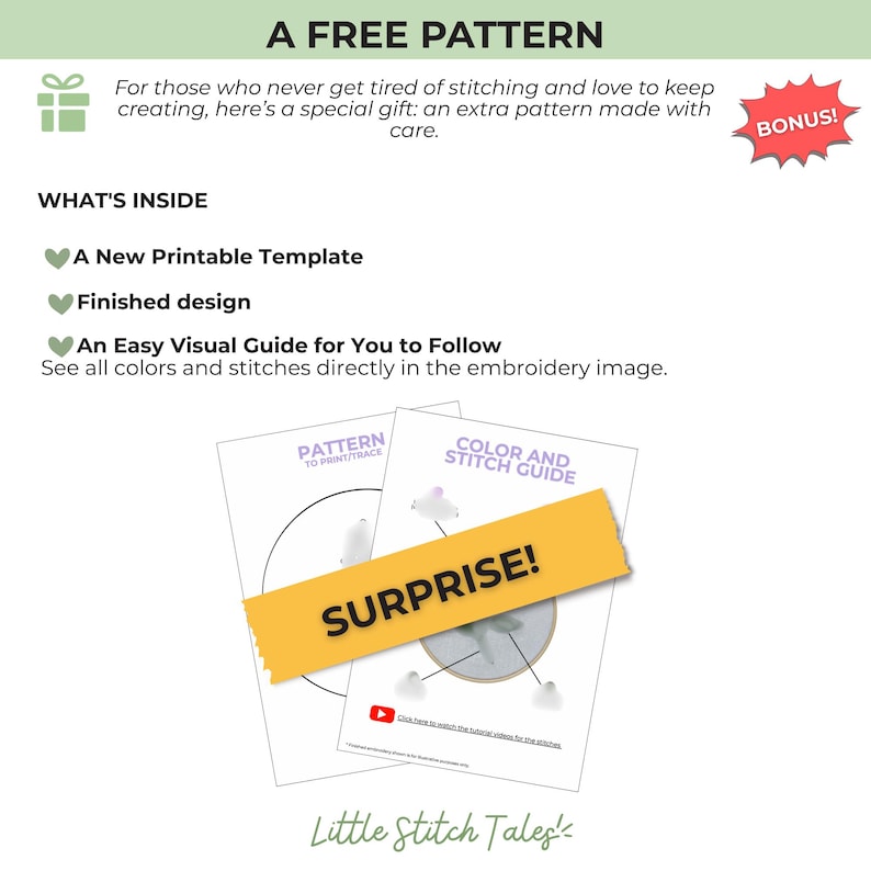 Peut inclure: Un document num&eacute;rique intitul&eacute; A FREE PATTERN comprenant un mod&egrave;le imprimable, un design fini et un guide des couleurs et des points. Le texte inclut WHAT'S INSIDE, A New Printable Template, Finished design, An Easy Visual Guide et SURPRISE!