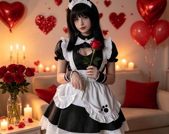 Étiquettes personnalisées, Costume de soubrette chat noir et blanc - Robe de soubrette kawaii pour la Saint-Valentin avec bordure en dentelle à imprimé pattes pour les fêtes cosplay