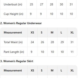 May include: Size charts for bras, underwear, and skirts. Measurements are provided in inches for underbust, cup height, total waist, pant length, and skirt length, ranging from XS to XL.