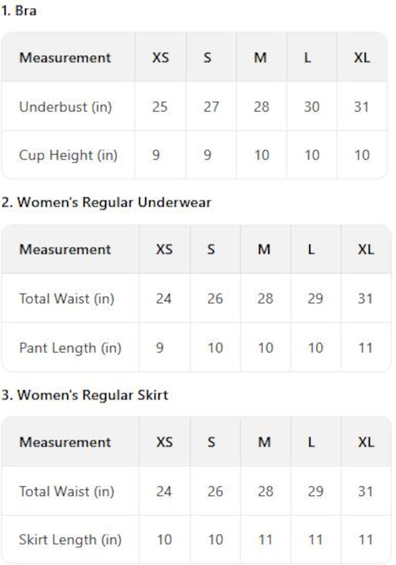 May include: Size charts for bras, underwear, and skirts. Measurements are provided in inches for underbust, cup height, total waist, pant length, and skirt length, ranging from XS to XL.