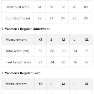 May include: Size charts for bras, underwear, and skirts. The bra chart includes underbust measurements from 64 cm to 80 cm and cup heights from 22 cm to 26 cm. Underwear and skirt charts show waist and length measurements.