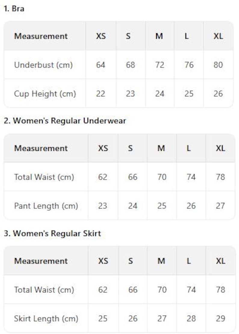 May include: Size charts for bras, underwear, and skirts. The bra chart includes underbust measurements from 64 cm to 80 cm and cup heights from 22 cm to 26 cm. Underwear and skirt charts show waist and length measurements.