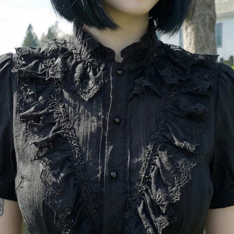 Subtle Ruffle Black Gothic Lace Ruffled Shirt, Victorian Dark Top - Etsy