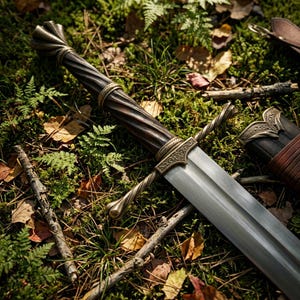 May include: A metal sword with a dark, spiraled wooden handle and a brass-colored pommel and crossguard featuring intricate engravings. The blade is straight and silver-toned, resting near a matching leather scabbard with brass accents.
