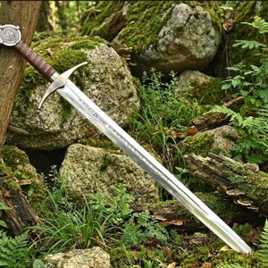May include: A long, silver sword with a brown leather-wrapped handle and a circular emblem on the pommel. The blade has etched text and is set against a backdrop of moss-covered rocks and greenery.
