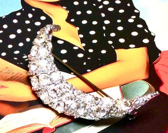 Vintage Rhinestone Crescent Half Moon Brooch Clear Stones 1940s Pin
