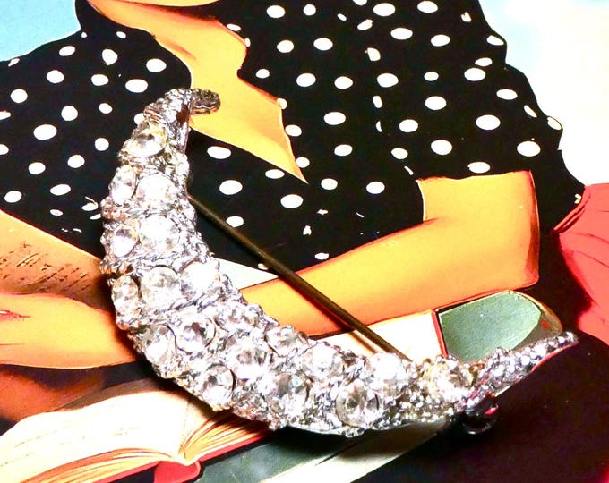 Vintage Rhinestone Crescent Half Moon Brooch Clear Stones 1940s Pin