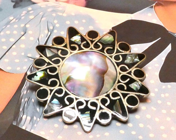 Vintage 1970s Mexican Silver Brooch Black Onyx Abalone Shell Scrolled Star Shaped