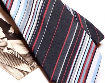 Vintage Mans Silk Neck Tie 1970s Retro Navy Red and Blue Self Patterned Pattern Striped Vintage Australian Prince Brand