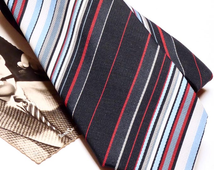 Vintage Mans Silk Neck Tie 1970s Retro Navy Red and Blue Self Patterned Pattern Striped Vintage Australian Prince Brand