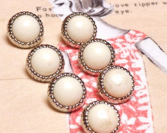 Vintage MCM 1960 Button Collection 7 Small White Plastic dome Metal Encased Shank Buttons