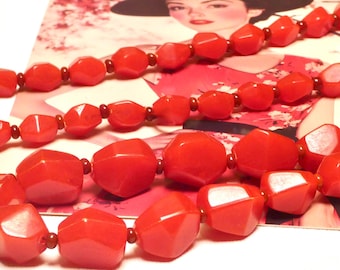 Vintage MCM 1950 Vermilion Red Asymmetrical Beaded Necklace