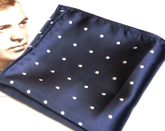 Vintage 1990 Mens Pocket Silk Square Navy Blue with Silver Floral and Paisley Design