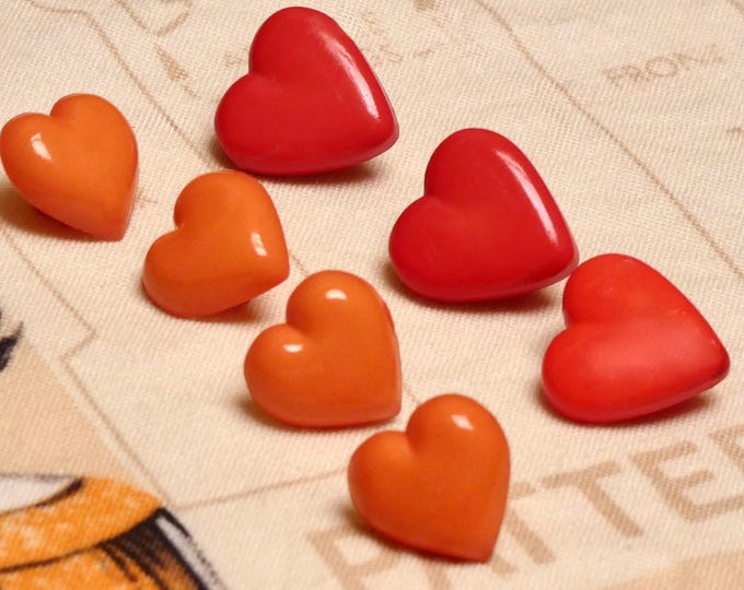 Vintage 1970 Figural Buttons Heart Shape 4 Small Orange 3 Medium Size Red