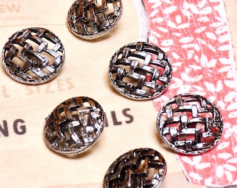 Vintage 1960 6 Textured Silver Tone Metal MCM Cross Hatch Patterned Shank Buttons