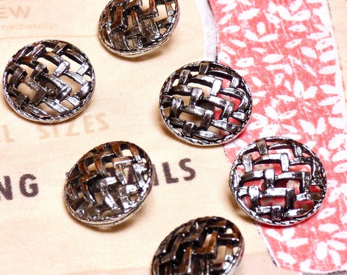 Vintage 1960 6 Textured Silver Tone Metal MCM Cross Hatch Patterned Shank Buttons