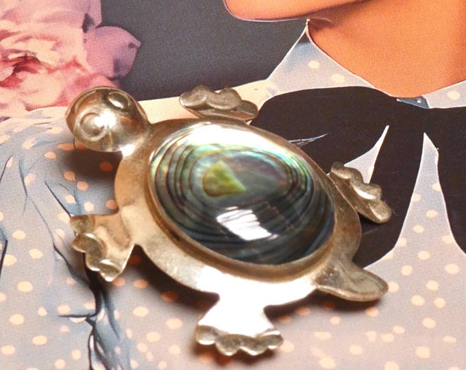 Vintage 1970 Mexican Silver Brooch Abalone Shell Tortoise Shaped