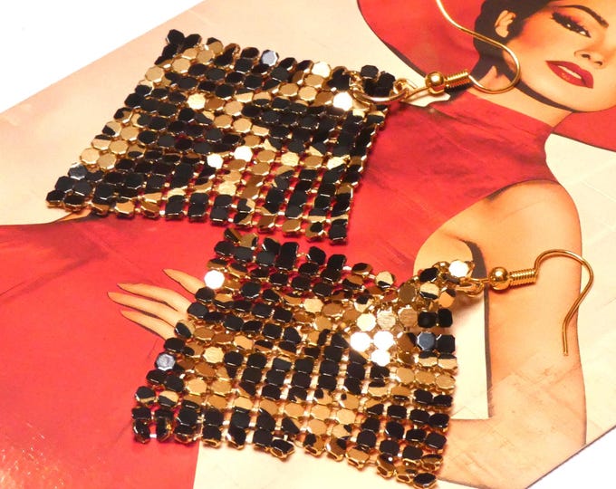 Handmade Gold Animal Print Glomesh Tiled Earrings, Bohemian Dangle Drop