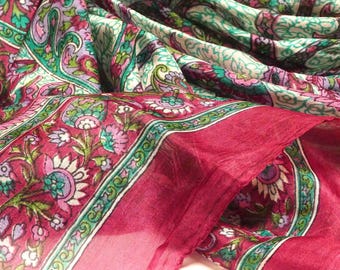 Vintage Retro 1970 Scarf Sheer Soft Fabric Paisley Pattern in Ruby Red Aqua and Pink Tones with Ruby Red Hand Rolled Edges