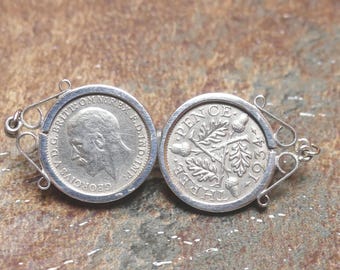 Antique Art Deco 1930 Silver Brooch English Hallmarked as Silver Three Pence Pre-Decimal Coins King GeorgeV Oak Leaves Acorns 1934 Scarf Pin